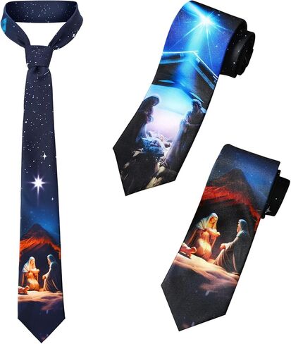 Geyoga 2 PCS Nativity Scene Ties Mens Dender Neckties Christian Ties Christmas Holiday Tie لعيد عيد الميلاد هدايا حفلة عيد الشكر in Kuwait