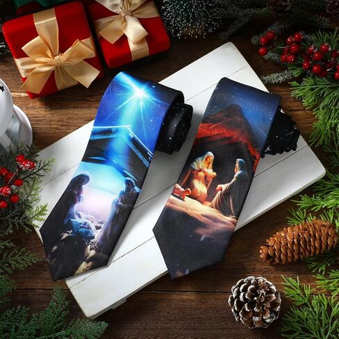 Geyoga 2 PCS Nativity Scene Ties Mens Dender Neckties Christian Ties Christmas Holiday Tie لعيد عيد الميلاد هدايا حفلة عيد الشكر in Kuwait