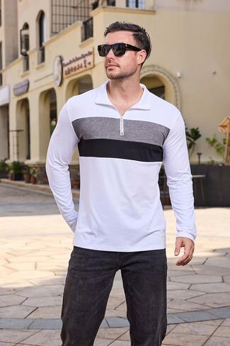 Mens Quarter Zip Polo Shirt Long Sleeve Color Block T Shirts for Men Lightweight Casual Striped Golf Polos in Kuwait