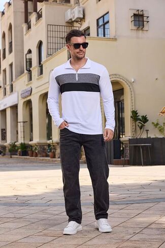 Mens Quarter Zip Polo Shirt Long Sleeve Color Block T Shirts for Men Lightweight Casual Striped Golf Polos in Kuwait