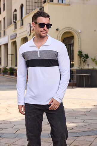 Mens Quarter Zip Polo Shirt Long Sleeve Color Block T Shirts for Men Lightweight Casual Striped Golf Polos in Kuwait