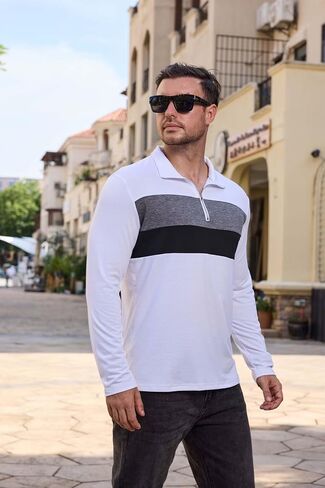 Mens Quarter Zip Polo Shirt Long Sleeve Color Block T Shirts for Men Lightweight Casual Striped Golf Polos in Kuwait