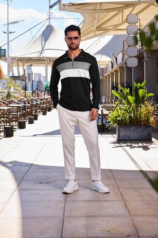 قميص Mens Quarter Zip Polo Longle Block Tirts tirts للرجال خفيفة الوزن بوليوز مخطط غير رسمي in Kuwait