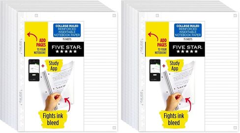 Five Star Insertable Loose Leaf Paper, 3 Pack, Notebook Paper, College Ruled Filler Paper to Add Pages, Reinforced, 8-1/2" x 11", 75 Sheets per Pack (52168) in Saudi Arabia