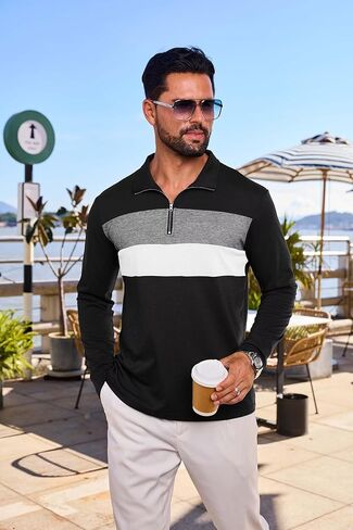 قميص Mens Quarter Zip Polo Longle Block Tirts tirts للرجال خفيفة الوزن بوليوز مخطط غير رسمي in Kuwait