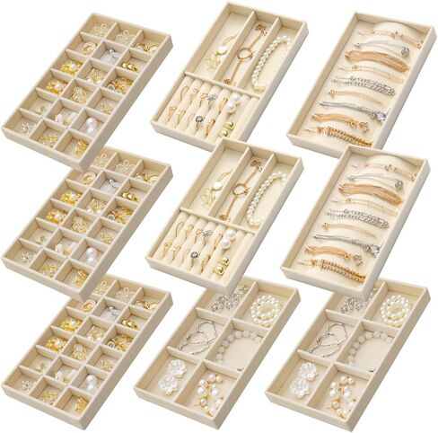 Jewelry Trays Organizer for Drawer, 9 Set of Small Jewelry Display Case Storage Velvet Stackable Drawer Inserts Organizer for Necklaces Bracelets Earrings Rings (Beige) in Saudi Arabia