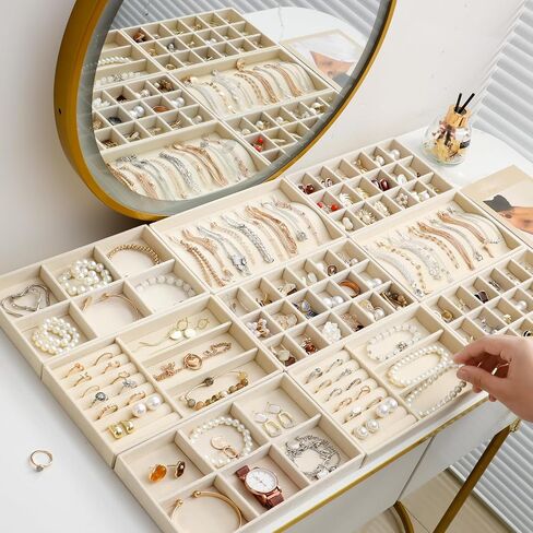 Jewelry Trays Organizer for Drawer, 9 Set of Small Jewelry Display Case Storage Velvet Stackable Drawer Inserts Organizer for Necklaces Bracelets Earrings Rings (Beige) in Saudi Arabia