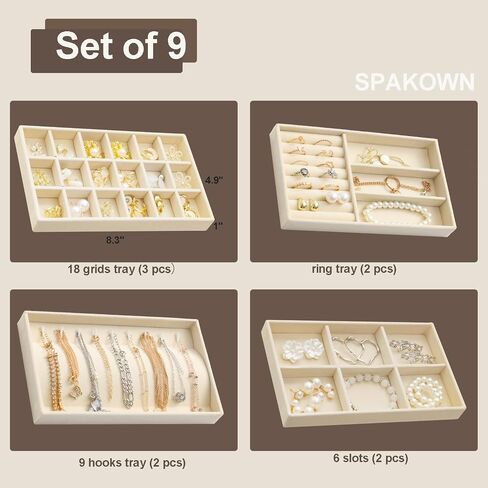 Jewelry Trays Organizer for Drawer, 9 Set of Small Jewelry Display Case Storage Velvet Stackable Drawer Inserts Organizer for Necklaces Bracelets Earrings Rings (Beige) in Saudi Arabia