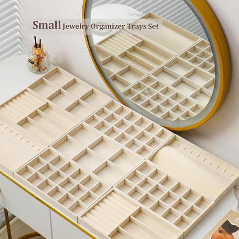 Jewelry Trays Organizer for Drawer, 9 Set of Small Jewelry Display Case Storage Velvet Stackable Drawer Inserts Organizer for Necklaces Bracelets Earrings Rings (Beige) in Saudi Arabia