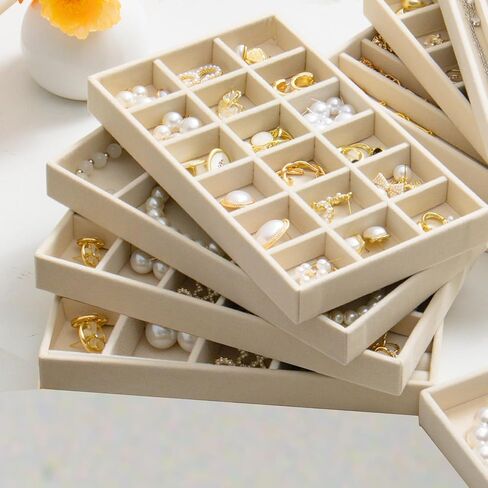 Jewelry Trays Organizer for Drawer, 9 Set of Small Jewelry Display Case Storage Velvet Stackable Drawer Inserts Organizer for Necklaces Bracelets Earrings Rings (Beige) in Saudi Arabia