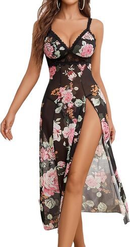 Avidlove Sexy Split Mesh Lace Floral Sheer Babydoll Lingerie Outfit Dress 2 Piece with Thong Set in Saudi Arabia