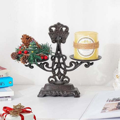 Sungmor Vintage Cast Iron Candle Holder - Rustic Double Tray Display Stand, Antique Style Balance Scale Design - Black Metal Tabletop Centerpiece for Pillar or Tealight Candles - Home & Mantel Décor in Kuwait