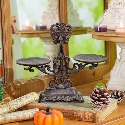 Sungmor Vintage Cast Iron Candle Holder - Rustic Double Tray Display Stand, Antique Style Balance Scale Design - Black Metal Tabletop Centerpiece for Pillar or Tealight Candles - Home & Mantel Décor in Kuwait