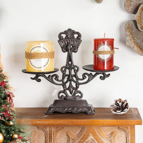 Sungmor Vintage Cast Iron Candle Holder - Rustic Double Tray Display Stand, Antique Style Balance Scale Design - Black Metal Tabletop Centerpiece for Pillar or Tealight Candles - Home & Mantel Décor in Kuwait