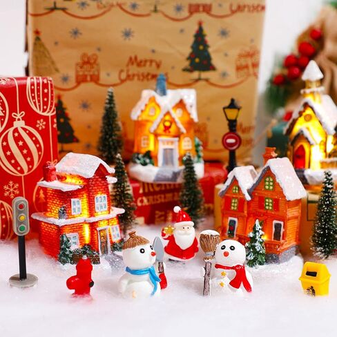 17 PCS عيد الميلاد LED قرية مضاءة مجموعات من المنازل القرية عيد الميلاد مع التماثيل راتنجات عيد الميلاد مشهد سطح المكتب الحلي الزخارف الكريسم in Saudi Arabia