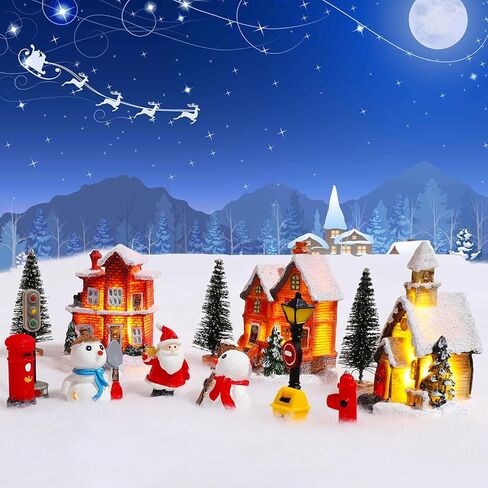 17 PCS عيد الميلاد LED قرية مضاءة مجموعات من المنازل القرية عيد الميلاد مع التماثيل راتنجات عيد الميلاد مشهد سطح المكتب الحلي الزخارف الكريسم in Saudi Arabia