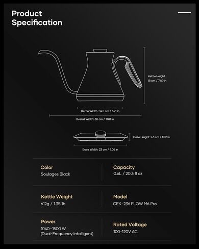 Cocinare Gooseneck Electric Kettle with One-touch ±1℉ Temperature Control & Digital Screen for Pour Over Coffee & Tea, Rapid Boil Hot Water, 0.6L White (FLOW B6) in Kuwait