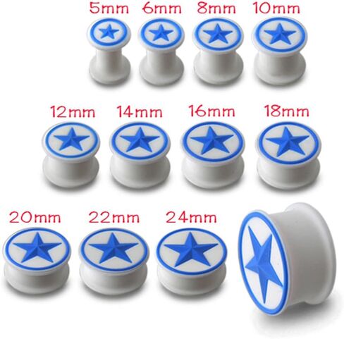Embossed Light Blue Star on White Silicone Double Flared Tunnel Gauge Ear Plug in Saudi Arabia