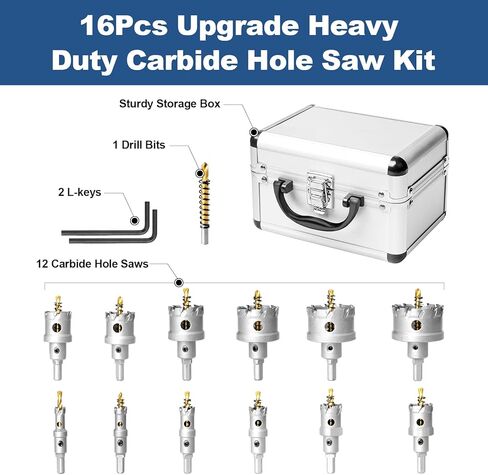 13Pcs Upgrade Heavy Duty Carbide Hole Saw Kit - Metal Steel Hole Saw Drill Bits TCT Hole Cutter with 1Pc Center Drill 2Pcs L-Wrench - Hole Saw Set for Metal, Steel, Iron, Alloy, Copper in Kuwait