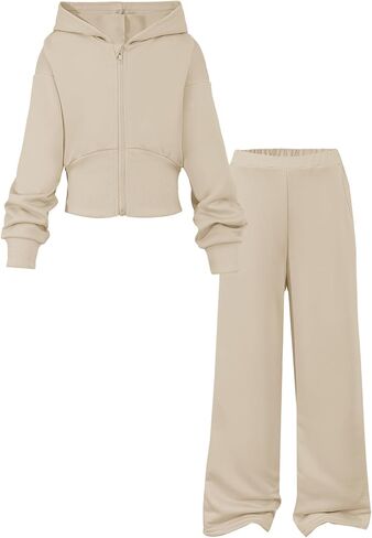 Girls 2 Piece Outfits Hoodie Zip Drop Shoulder Sweatshirt and Sweatpants Set with Pockets Sweatsuit Fall Clothes in Kuwait