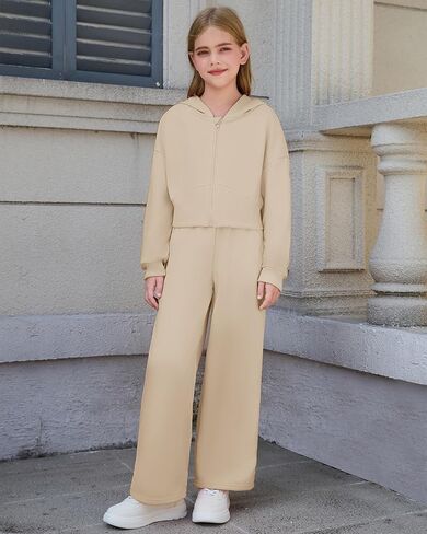 Girls 2 Piece Outfits Hoodie Zip Drop Shoulder Sweatshirt and Sweatpants Set with Pockets Sweatsuit Fall Clothes in Kuwait