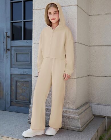 Girls 2 Piece Outfits Hoodie Zip Drop Shoulder Sweatshirt and Sweatpants Set with Pockets Sweatsuit Fall Clothes in Kuwait