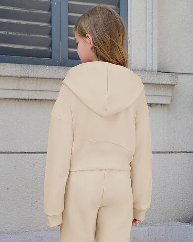 Girls 2 Piece Outfits Hoodie Zip Drop Shoulder Sweatshirt and Sweatpants Set with Pockets Sweatsuit Fall Clothes in Kuwait