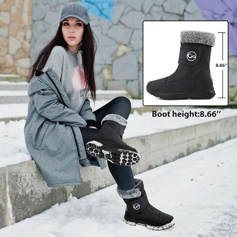 Almusen Snow Boots for Womens Winter Shoes: Warm Fur Lining Mid Calf Boots Women Anti Slip Waterproof Hook Loop Comfortable Outdoor Boot in Kuwait