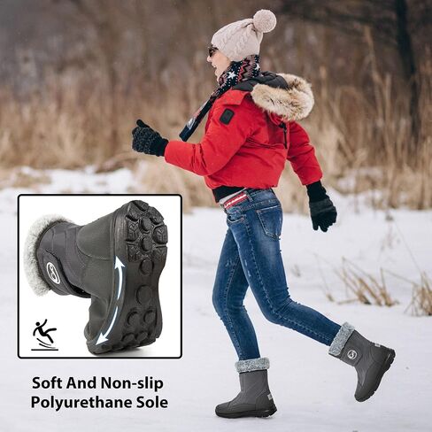 Almusen Snow Boots for Womens Winter Shoes: Warm Fur Lining Mid Calf Boots Women Anti Slip Waterproof Hook Loop Comfortable Outdoor Boot in Kuwait