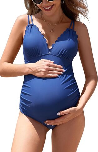 SHEKINI Women's Scallop Trim V Neck Maternity One Piece Swimsuit Bowknot Back Pregnancy Bathing Suit in Saudi Arabia
