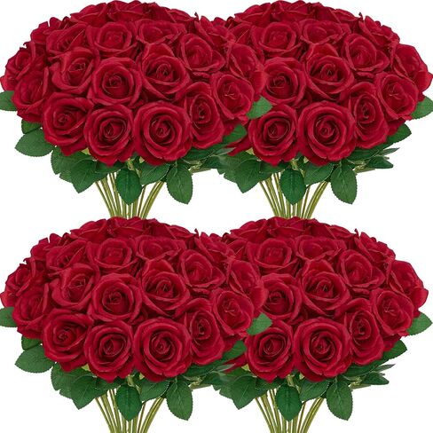 Serwalin 𝟮𝟬𝗽𝗰𝘀 Artificial Silk Roses, Red 𝗩𝗲𝗹𝘃𝗲𝘁 Realistic Roses, Fake Roses Real Touch Bouquet Long Stem for Valentine’s Day Home Decor Wedding and Table Centerpiece in Kuwait