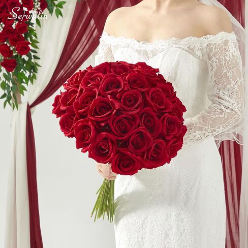 Serwalin 𝟮𝟬𝗽𝗰𝘀 Artificial Silk Roses, Red 𝗩𝗲𝗹𝘃𝗲𝘁 Realistic Roses, Fake Roses Real Touch Bouquet Long Stem for Valentine’s Day Home Decor Wedding and Table Centerpiece in Kuwait