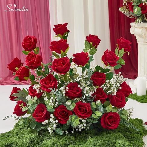 Serwalin 𝟮𝟬𝗽𝗰𝘀 Artificial Silk Roses, Red 𝗩𝗲𝗹𝘃𝗲𝘁 Realistic Roses, Fake Roses Real Touch Bouquet Long Stem for Valentine’s Day Home Decor Wedding and Table Centerpiece in Kuwait