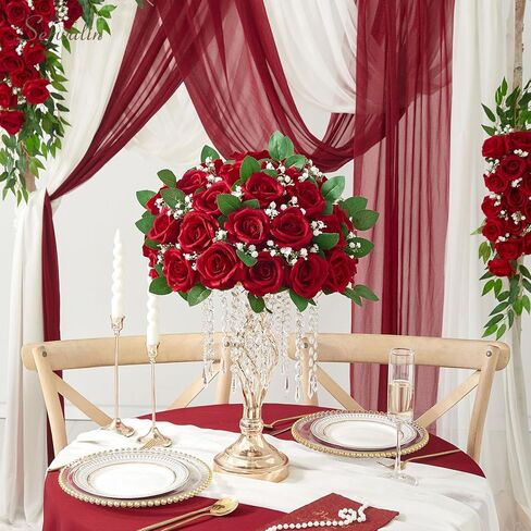 Serwalin 𝟮𝟬𝗽𝗰𝘀 Artificial Silk Roses, Red 𝗩𝗲𝗹𝘃𝗲𝘁 Realistic Roses, Fake Roses Real Touch Bouquet Long Stem for Valentine’s Day Home Decor Wedding and Table Centerpiece in Kuwait
