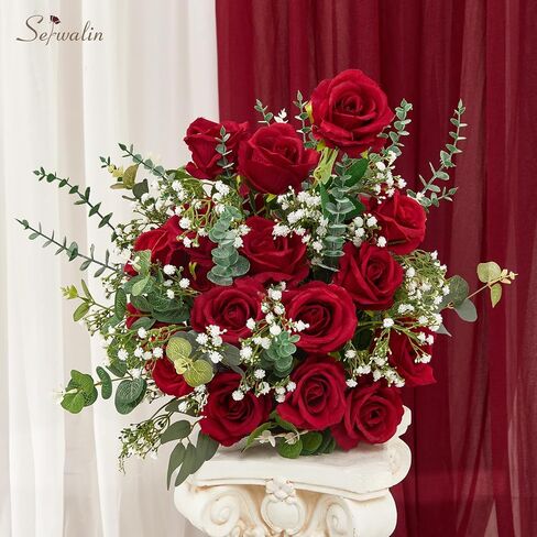 Serwalin 𝟮𝟬𝗽𝗰𝘀 Artificial Silk Roses, Red 𝗩𝗲𝗹𝘃𝗲𝘁 Realistic Roses, Fake Roses Real Touch Bouquet Long Stem for Valentine’s Day Home Decor Wedding and Table Centerpiece in Kuwait
