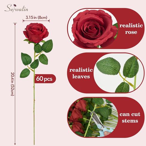 Serwalin 𝟮𝟬𝗽𝗰𝘀 Artificial Silk Roses, Red 𝗩𝗲𝗹𝘃𝗲𝘁 Realistic Roses, Fake Roses Real Touch Bouquet Long Stem for Valentine’s Day Home Decor Wedding and Table Centerpiece in Kuwait