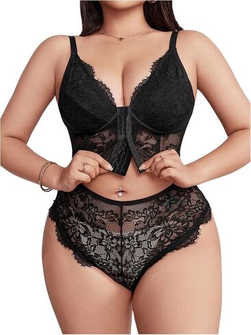 MakeMeChic Women's Plus Size Lingerie Sets Floral Lace Front Closure Bra and Panty Set in Saudi Arabia