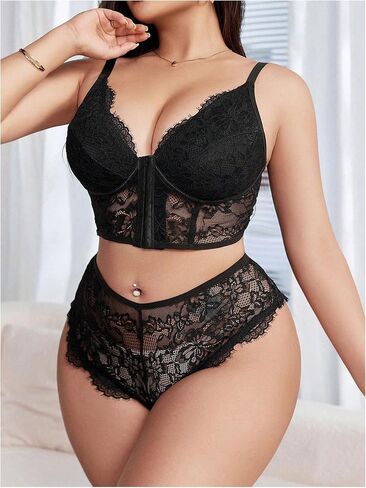 MakeMeChic Women's Plus Size Lingerie Sets Floral Lace Front Closure Bra and Panty Set in Saudi Arabia