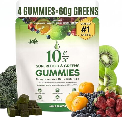 10ex Supergreens Gummies with Probiotics. 40 Superfoods & Super Greens. 10x More Nutrients Per Serve. Multivitamin, Spirulina, Chlorella, Microgreens, Adaptogens, Turmeric & Ashwagandha Gummies. 60ct in Saudi Arabia