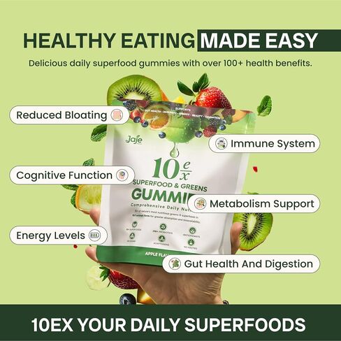 10ex Supergreens Gummies with Probiotics. 40 Superfoods & Super Greens. 10x More Nutrients Per Serve. Multivitamin, Spirulina, Chlorella, Microgreens, Adaptogens, Turmeric & Ashwagandha Gummies. 60ct in Saudi Arabia