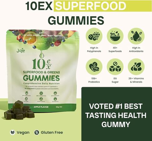 10ex Supergreens Gummies with Probiotics. 40 Superfoods & Super Greens. 10x More Nutrients Per Serve. Multivitamin, Spirulina, Chlorella, Microgreens, Adaptogens, Turmeric & Ashwagandha Gummies. 60ct in Saudi Arabia