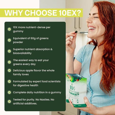 10ex Supergreens Gummies with Probiotics. 40 Superfoods & Super Greens. 10x More Nutrients Per Serve. Multivitamin, Spirulina, Chlorella, Microgreens, Adaptogens, Turmeric & Ashwagandha Gummies. 60ct in Saudi Arabia