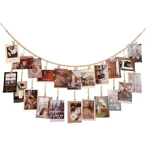 Hanging Photo Display, Wooden Bead Garland, Boho Style Collage Photo Frame Decoration for Dorms, Classrooms, Bedrooms, Hanging Display Card Holder