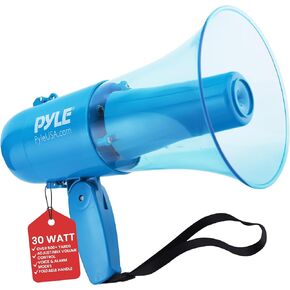 Pyle 30W Water Proof Megaphone Siren Bullhorn Speaker, Battery Portable Bullhorn for Indoor & Outdoor Use, 500 Square Yards Range,4 C Batteries Needed Record Siren/Music (Transparent Blue)