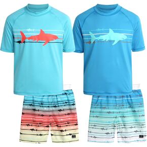 Boys' Rash Guard Set - 2 Pack UPF 50+ Short Sleeve Swim Shirt and Bathing Suit Swimsuit Set (Little Boy/Big Boy)