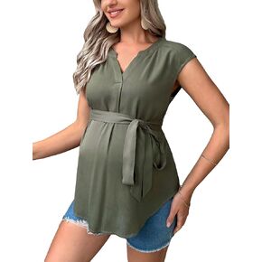 OYOANGLE Women's Maternity Cap Sleeve Belted Blouses Notched Neck Flared Hem Loose Fit Blouse Shirts