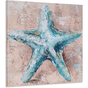 SYGALLERIER Hand Painted Teal Conch with Gold Foil Canvas Wall Art- Abstract Ocean Style Teal Oil Painting 16x16IN