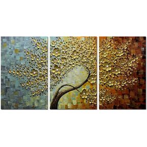 Art, 24x60 Inch Modern Abstract Hand-Painted Art Fortune Tree Golden Wall Art Canvas Paintings Wooden Frame Support Wall Hanging Painting Wall Painting Art Living room Bedroom Wall Decoratio