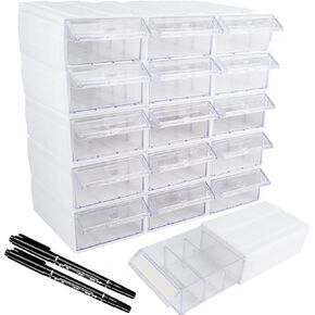 GERRIT Plastic Craft Organizers and Storage,Stackable Storage Drawers, Drawers Storage Closet with 30 pcs Clear Dividers&2 Pen &45pcs Tag Card,Small Parts Organizer (15 pcs-Blue)