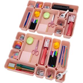 KeFanta 22 Pack Desk Drawer Organizers,Interlocking Junk Drawer Organizers and Storage with 3 Sizes,Desk Drawer Tray Organizer for Office,Bathroom,Kitchen,Makeup(pink)